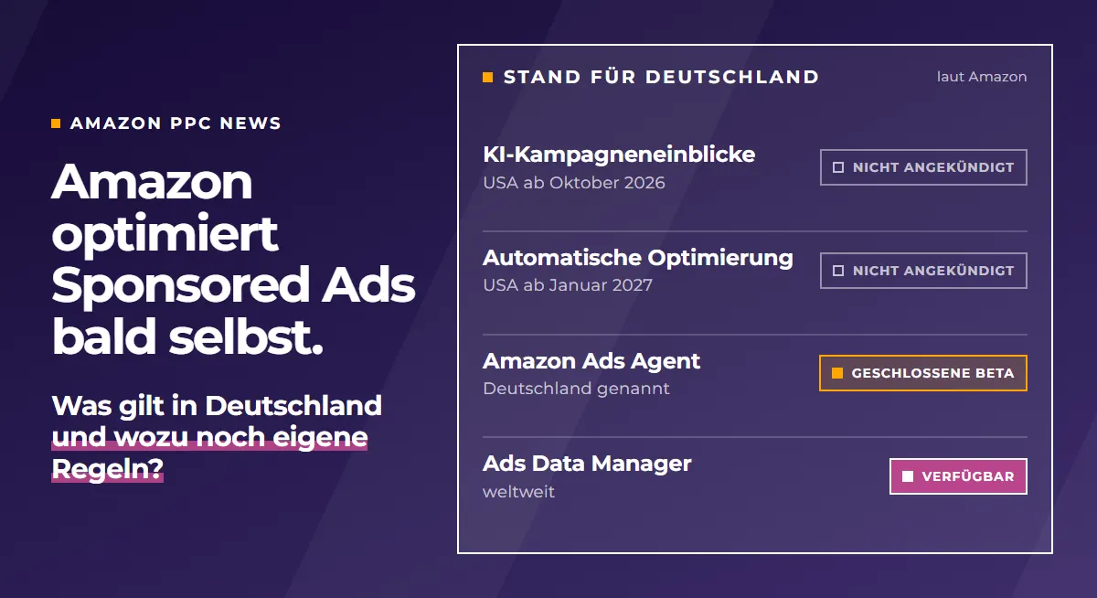 Übersicht laut Amazon, Stand für Deutschland: KI-Kampagneneinblicke und automatische Optimierung nicht angekündigt, Amazon Ads Agent als geschlossene Beta, Ads Data Manager verfügbar